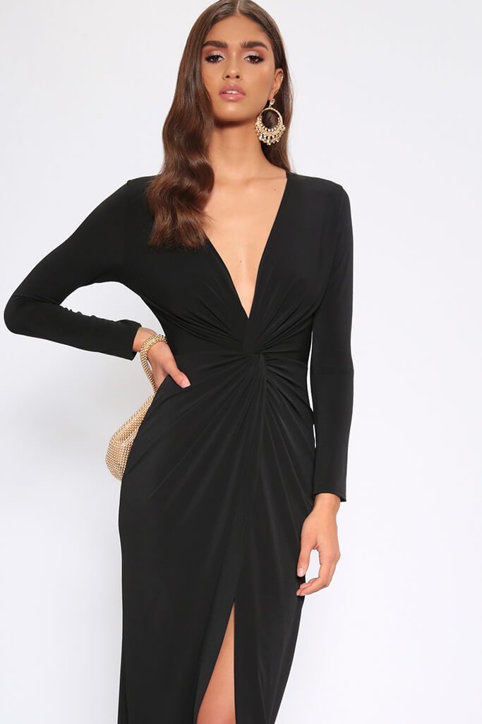 Black Knot Front Long Sleeve Maxi Dress