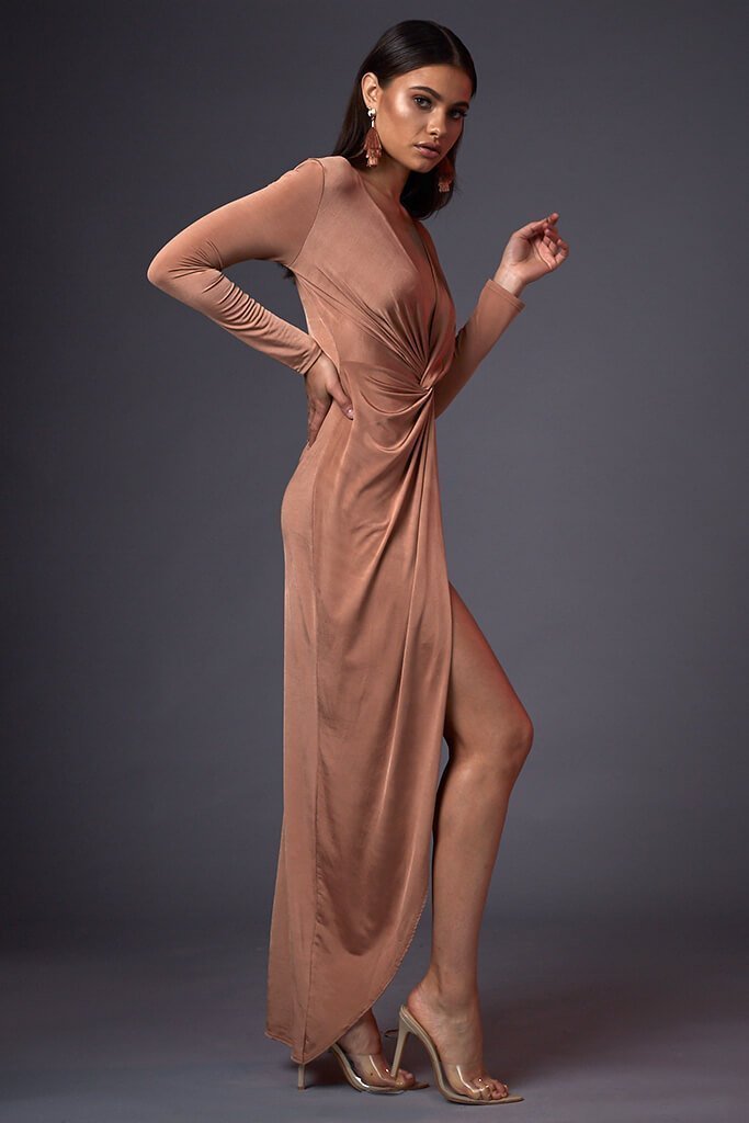 Camel Knot Front Long Sleeve Maxi Dress