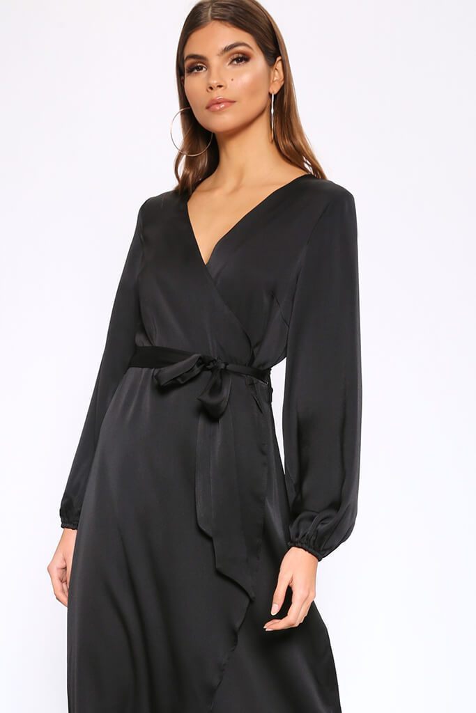 Black Satin Wrap Maxi Dress