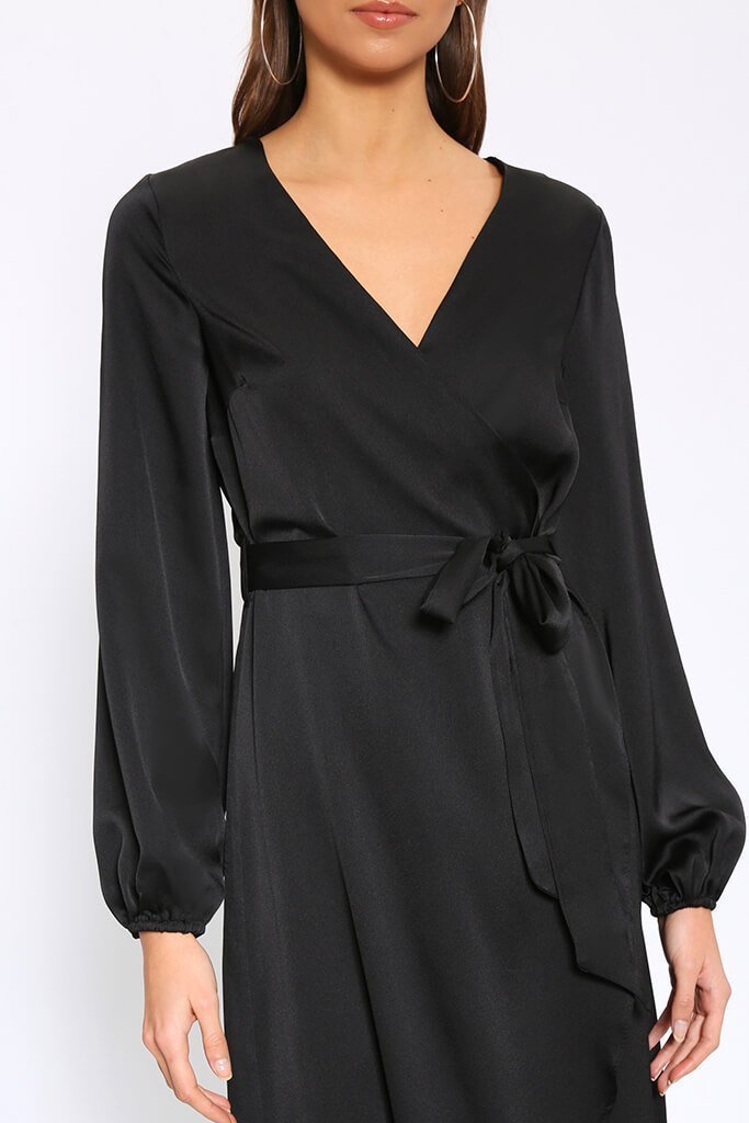 Black Satin Wrap Maxi Dress