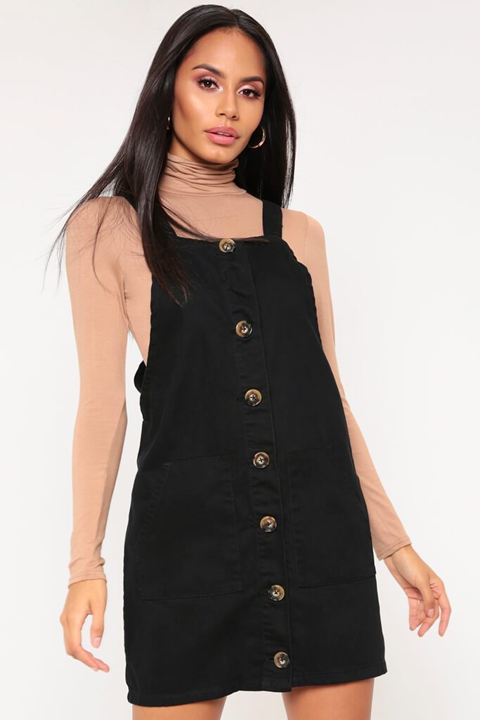 Black Button Front Denim Pinafore Dress