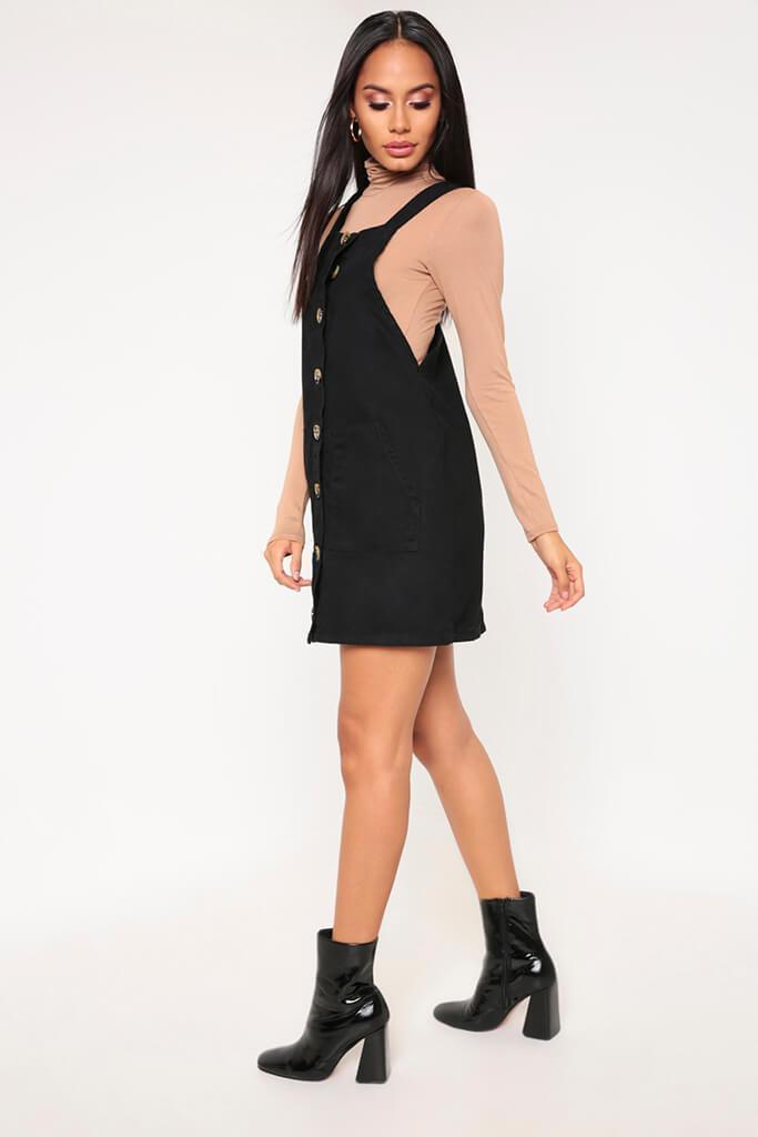 Black Button Front Denim Pinafore Dress