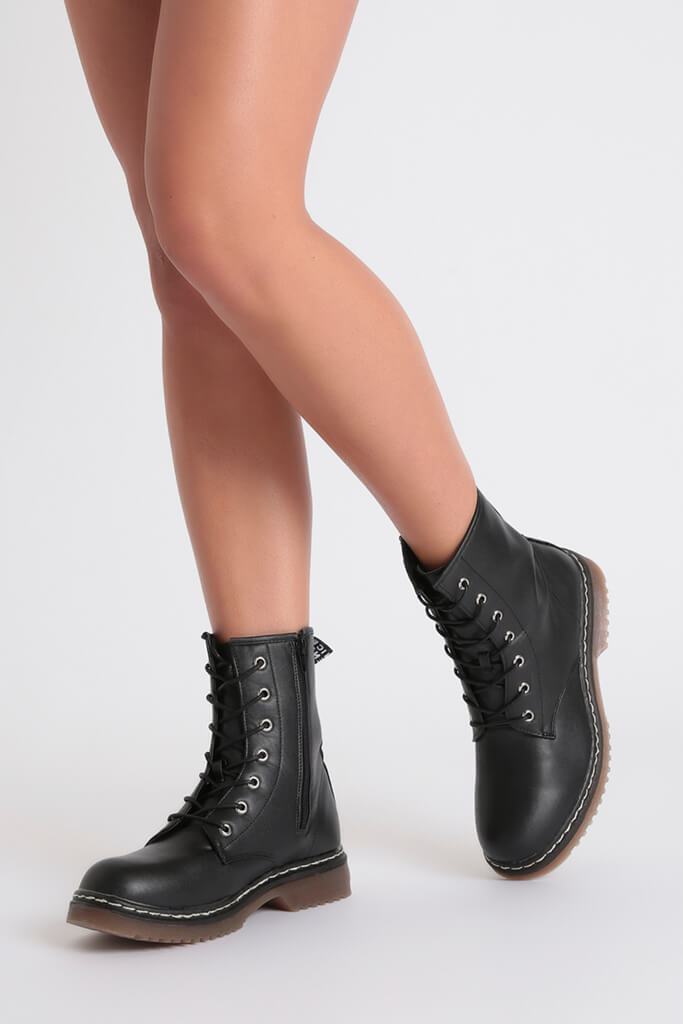 Black Chunky Military Lace Up Boots