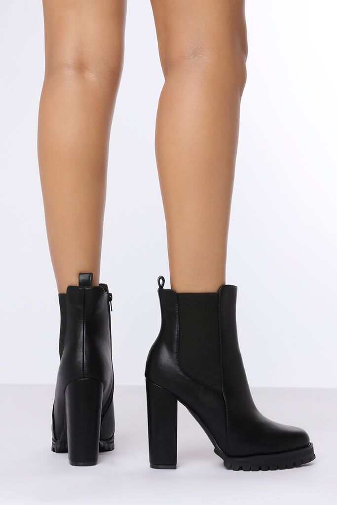 Black Faux Leather Chunky Ankle Boots