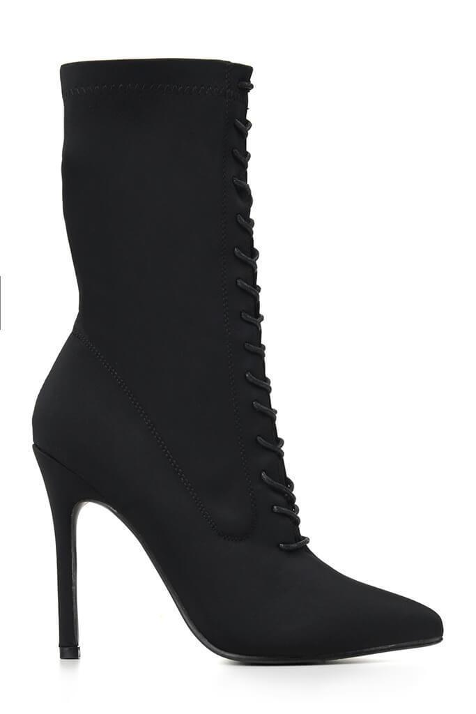 Black Lace Up Front Pointed Toe Sock Boots