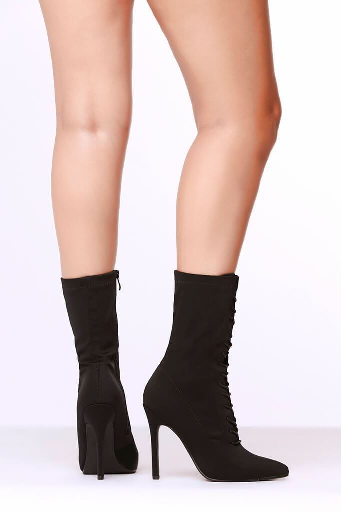 Black Lace Up Front Pointed Toe Sock Boots