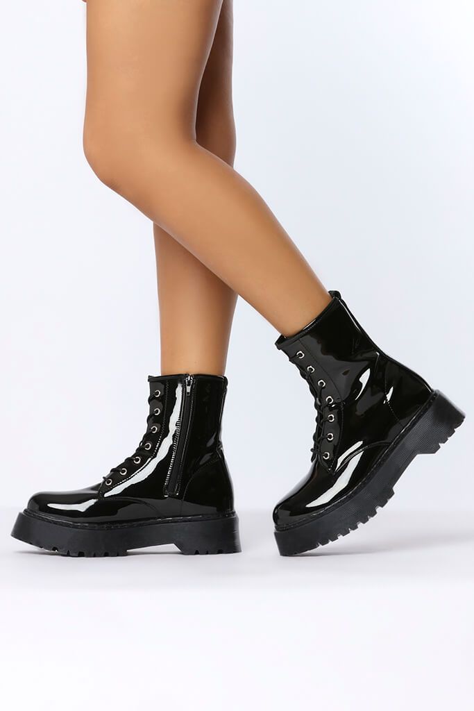 Black Patent Military Boots With Chunky Sole