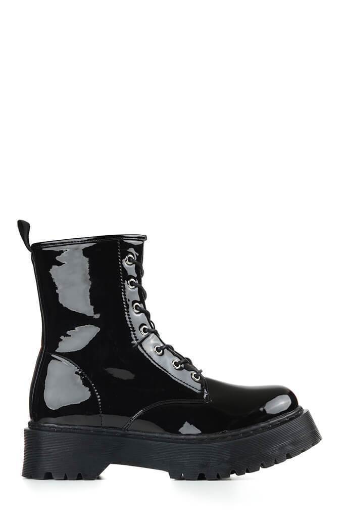 Black Patent Military Boots With Chunky Sole