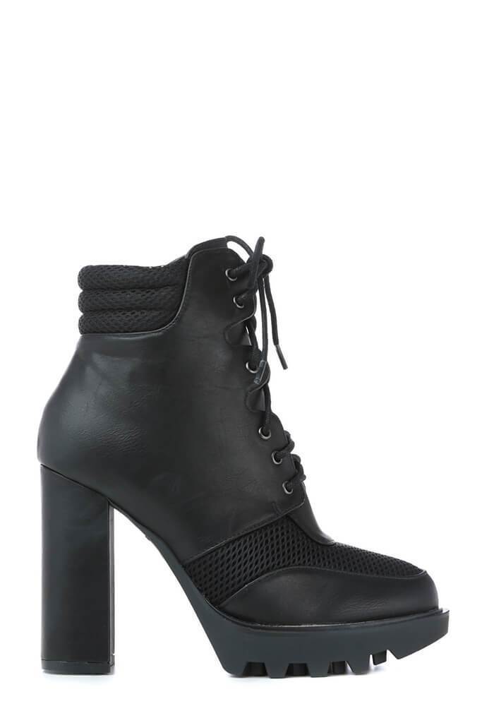 Black Faux Leather Chunky Lace Up Boots