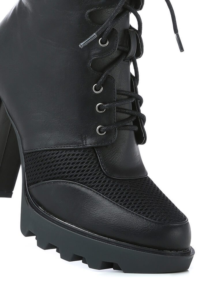 Black Faux Leather Chunky Lace Up Boots