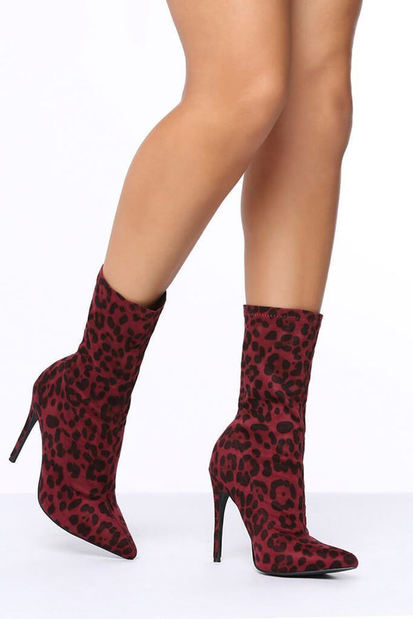 Red Leopard Print Heeled Ankle Boots