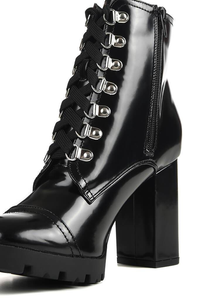 Black Patent Chunky Lace Up Detail Ankle Boots