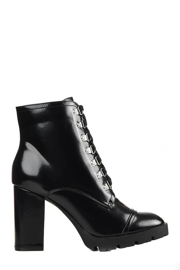 Black Patent Chunky Lace Up Detail Ankle Boots