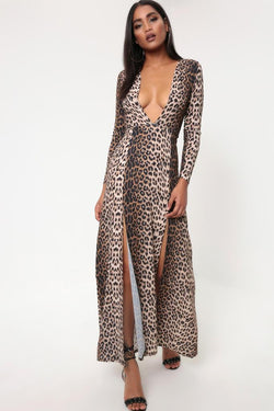 Brown Leopard Print Plunge Maxi Dress