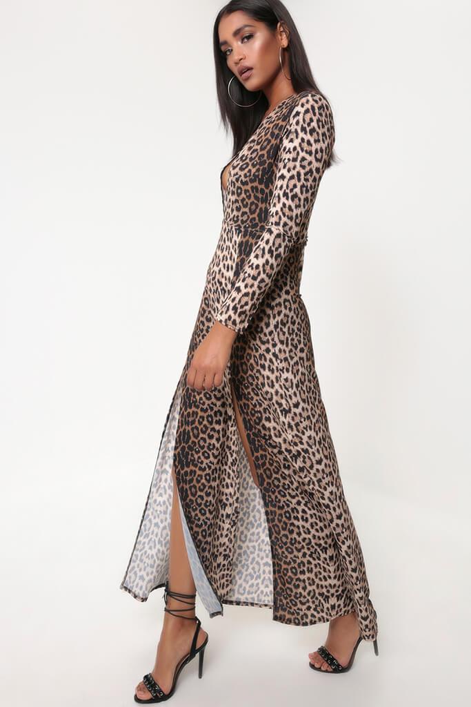 Brown Leopard Print Plunge Maxi Dress