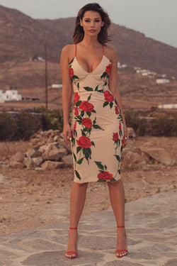 Nude Embroidered Rose Plunge Midi Dress