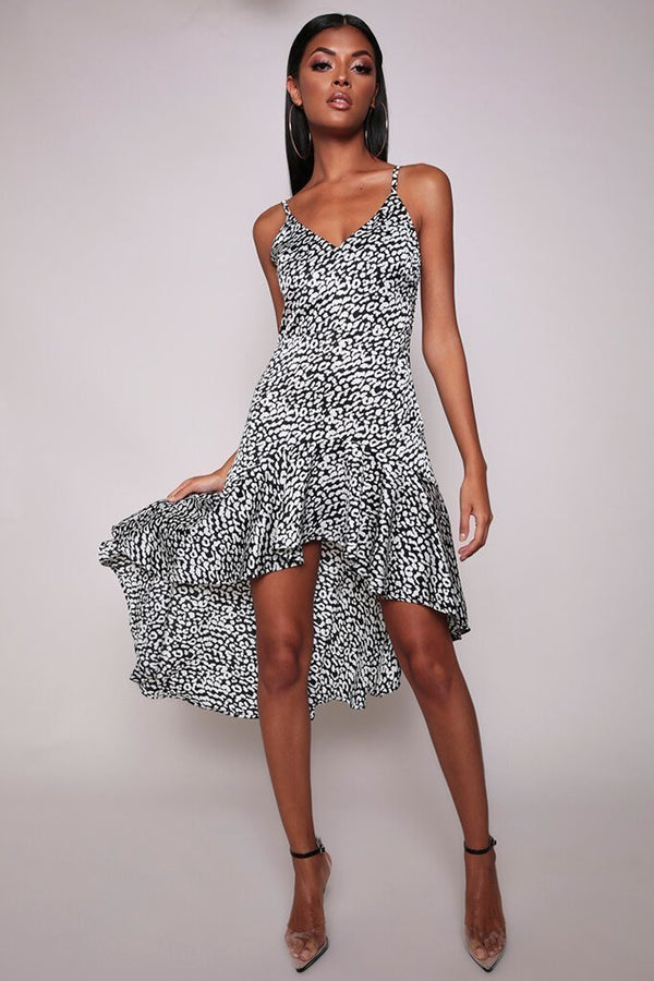 Leopard Print Ruffle Hem Satin Midi Dress