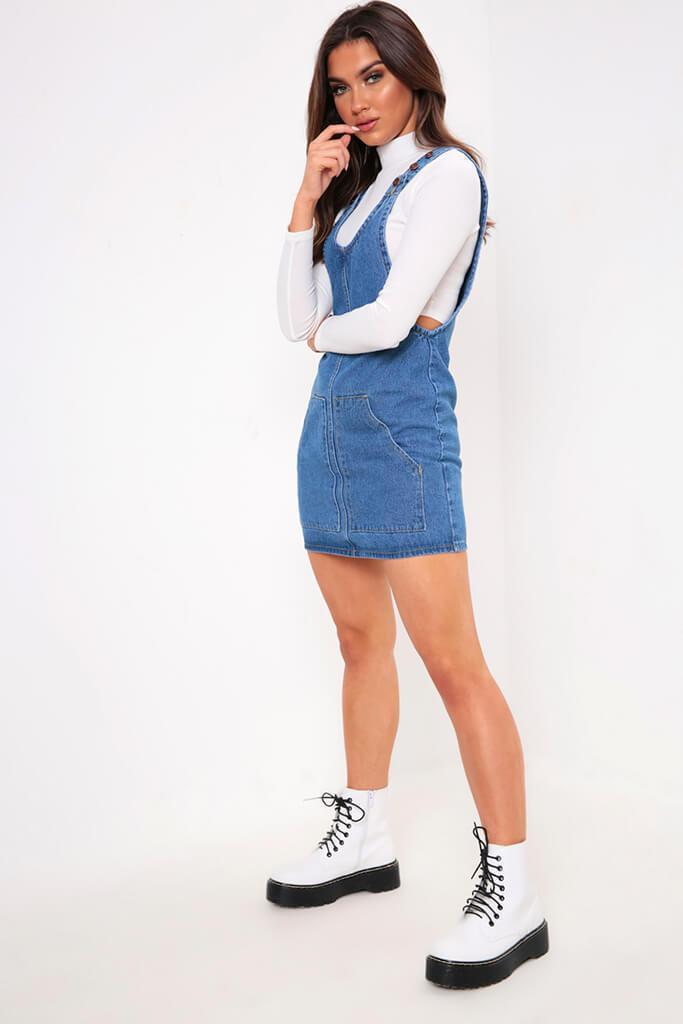 Mid Blue Utility Pocket Denim Pinafore Dress