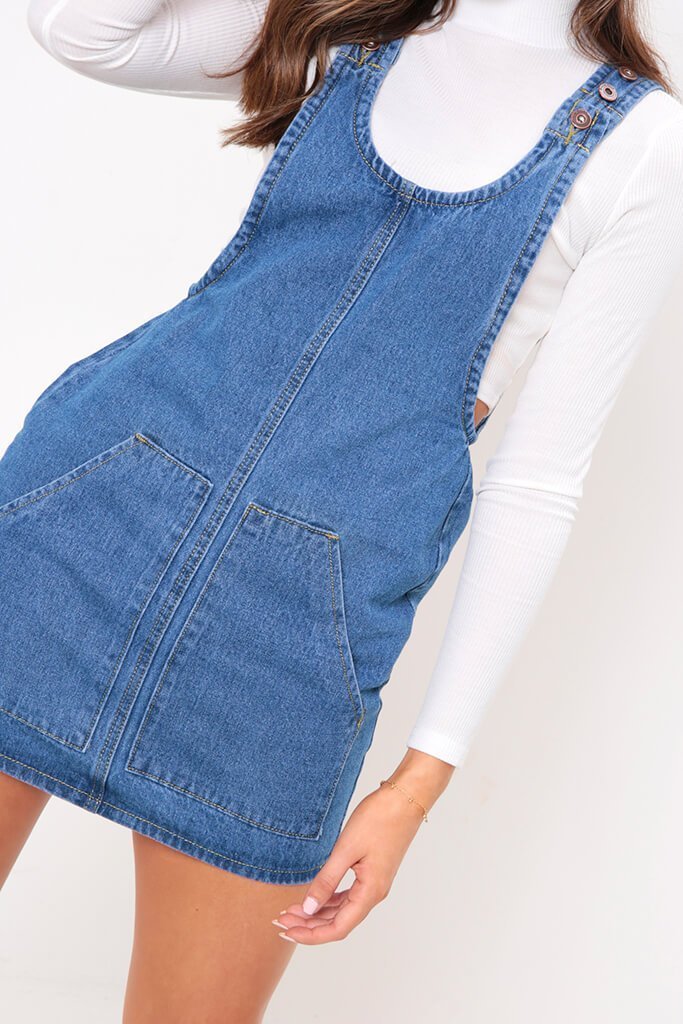 Mid Blue Utility Pocket Denim Pinafore Dress