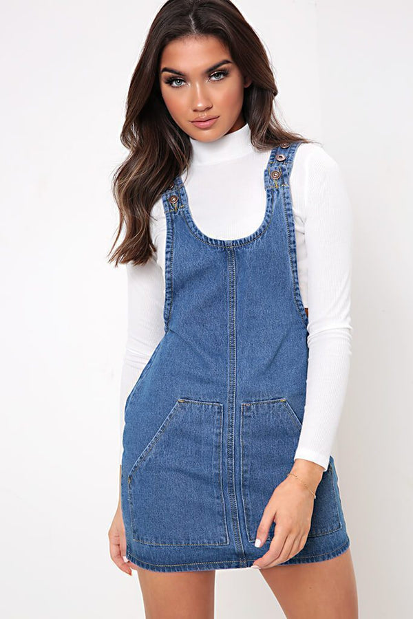 Mid Blue Utility Pocket Denim Pinafore Dress