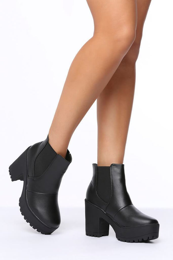 Black Chunky Cleated Sole Ankle Boots