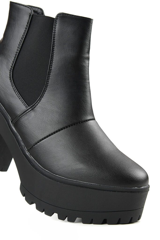 Black Chunky Cleated Sole Ankle Boots