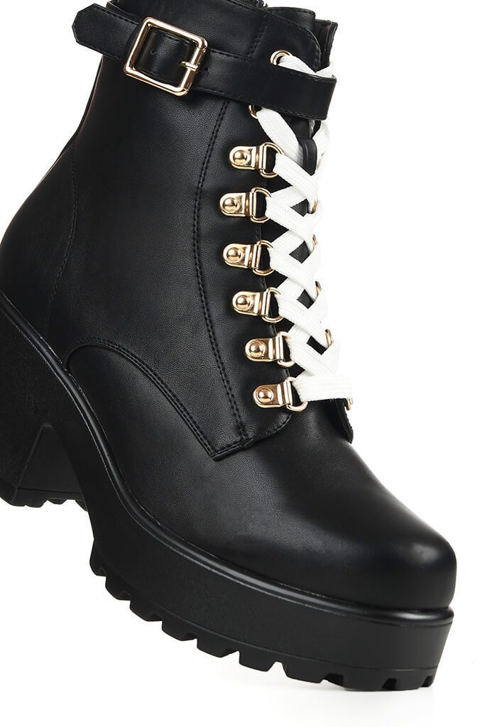 Black Buckle Detail Chunky Ankle Boots