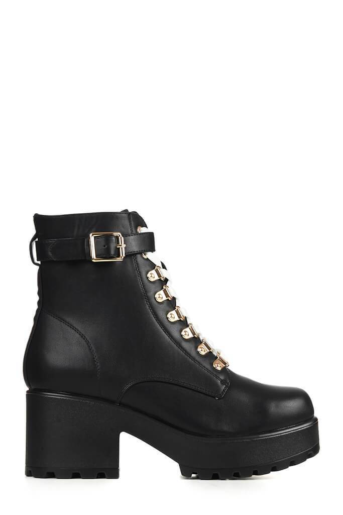 Black Buckle Detail Chunky Ankle Boots