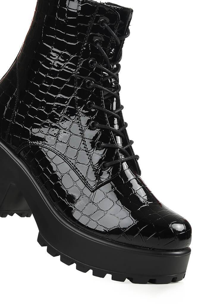 Black Lace Up Chunky Ankle Boots