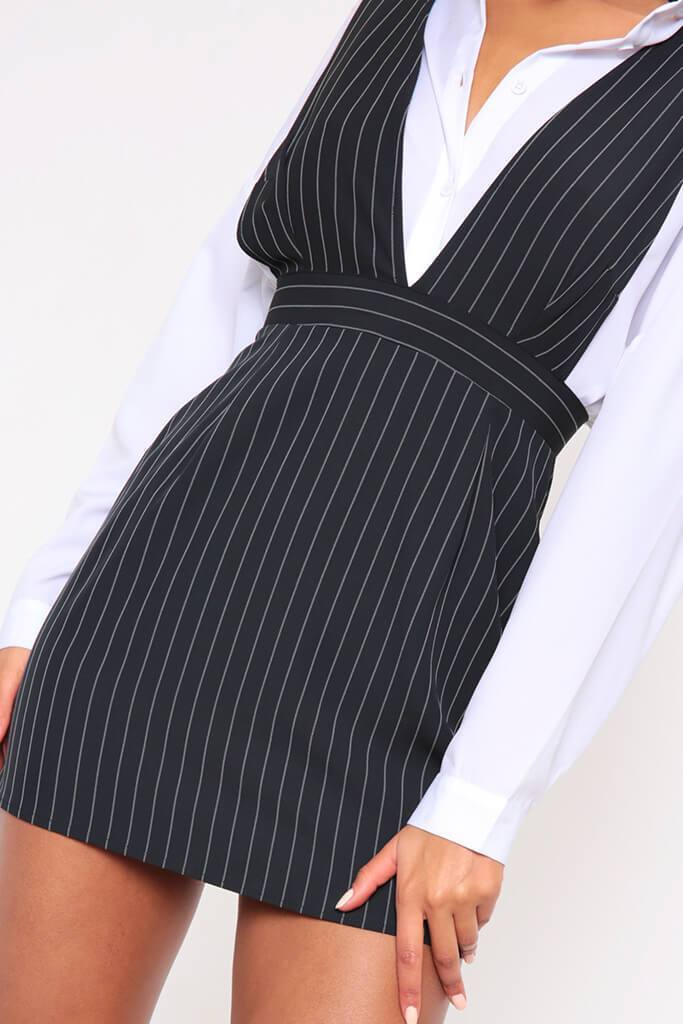 Black/White Pinstripe Deep Plunge Pinafore Dress