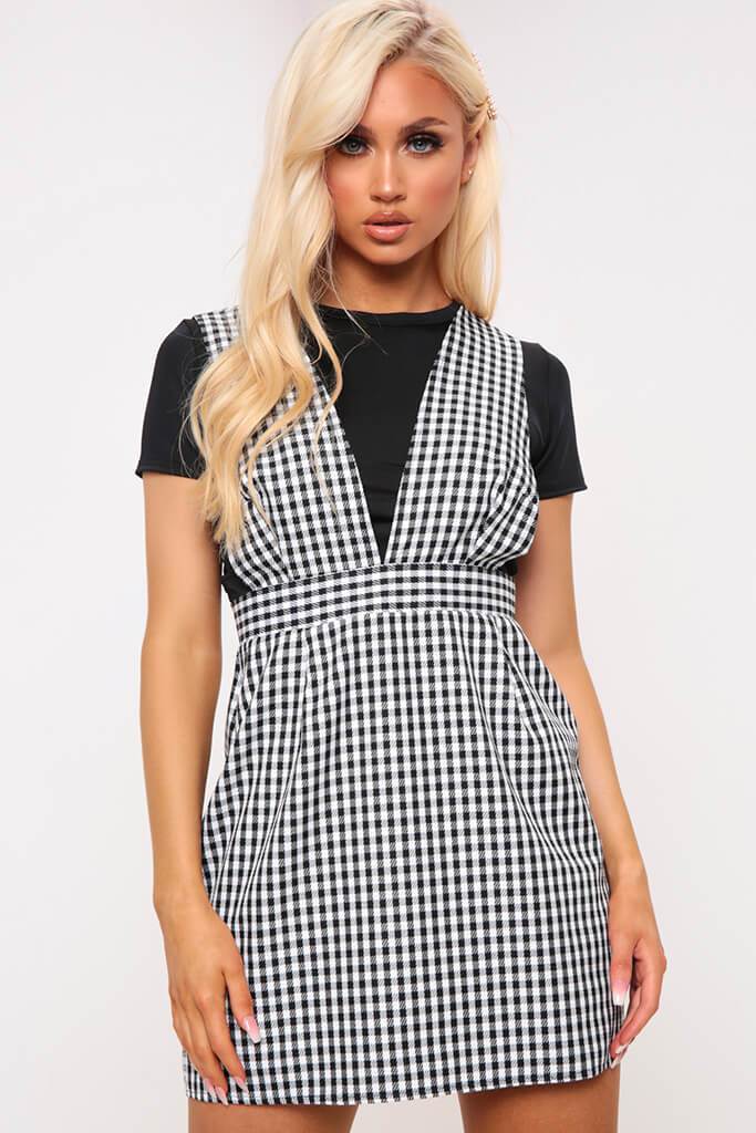 Black/White Gingham Print Deep Plunge Pinafore Dress