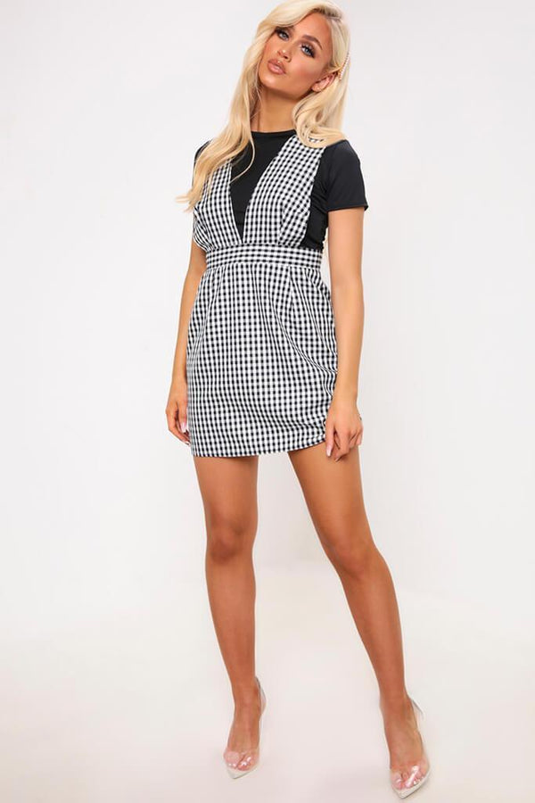 Black/White Gingham Print Deep Plunge Pinafore Dress