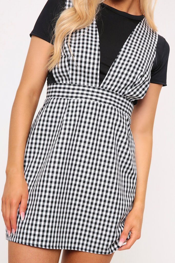 Black/White Gingham Print Deep Plunge Pinafore Dress