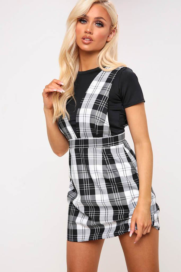 Black/White Check Print Deep Plunge Pinafore Dress