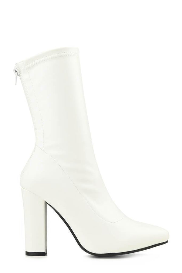 White Zip Back Sock Boots With Block Heel