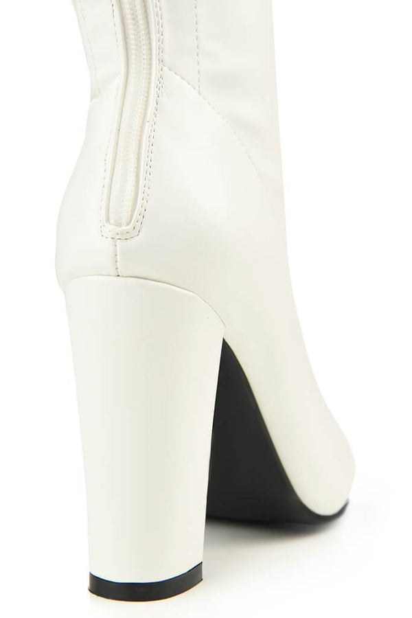 White Zip Back Sock Boots With Block Heel