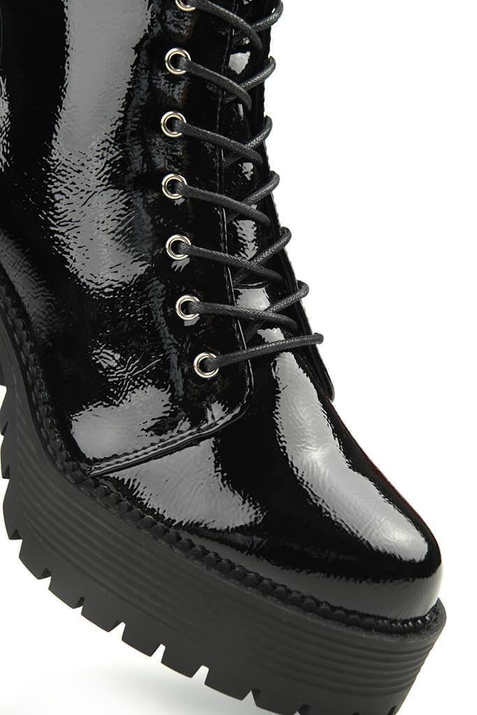 Black Patent Lace Up Platform Ankle Boots