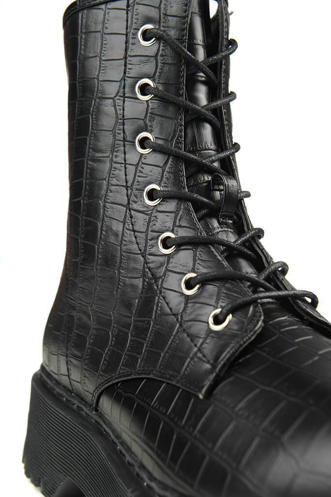 Black Croc Platform Miltary Boots