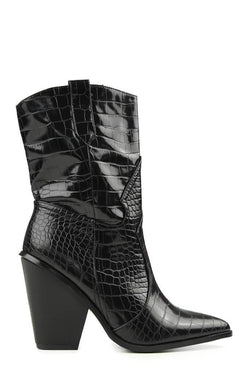 Black Mid Calf Croc Print Cowboy Boots